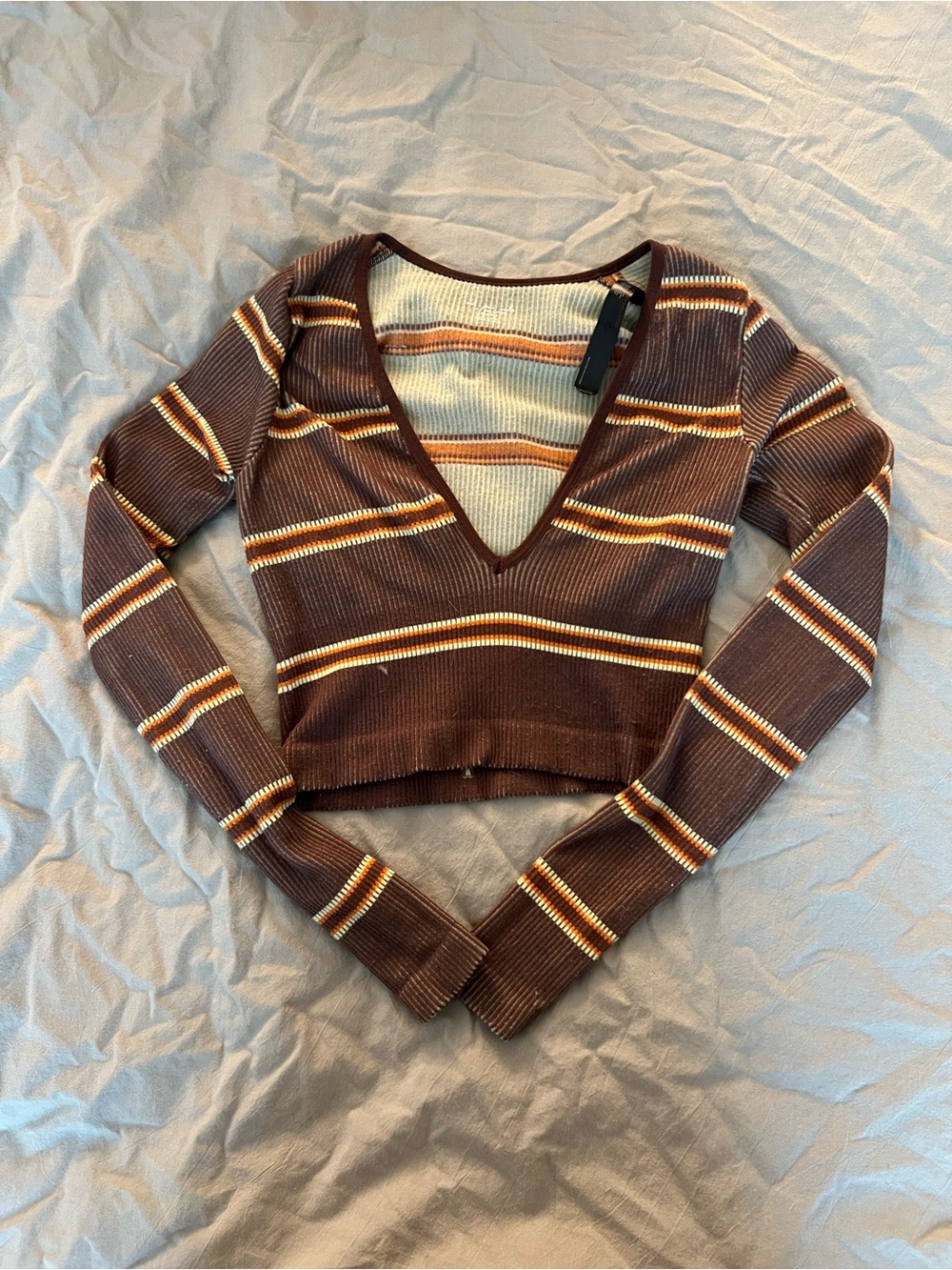 Striped V-Neck Brown Cropped Tee